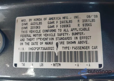 2010 Honda Accord 2.4 Ex from USA, damaged, VIN 1HGCP2F73AA002315
